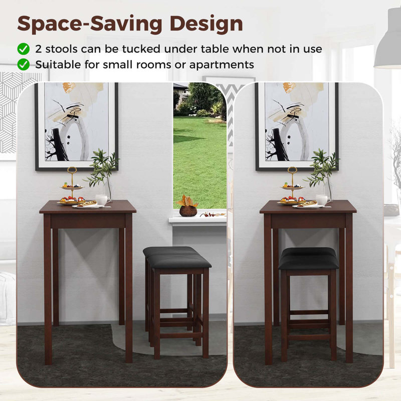 Ebern Designs 3 Pcs Bar Table Set Dining Table 2 Pvc Leather Upholstered Bar Stools Rustic Brown